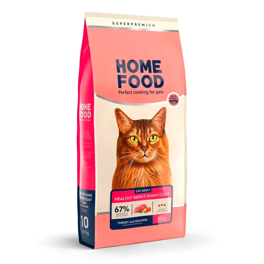 Home Food "Здоровая кожа и блеск шерсти" с лососем и индейкой сухой корм для взрослых котов