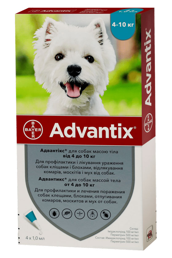 Advantix капли от блох и клещей для собак весом от 4 кг до 10 кг