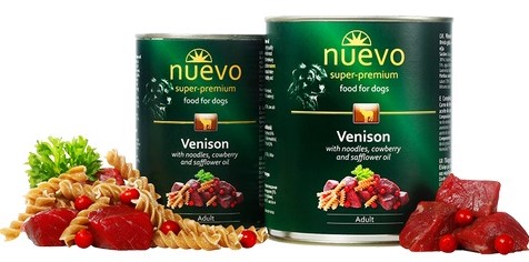 Nuevo Adult Venison & Noodles & Cowberry – консервы с олениной, лапшой, брусникой и сафлоровым маслом для взрослых собак