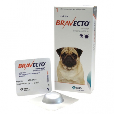 Bravecto жувальні таблетки від бліх і кліщів для собак вагою від  4,5 кг до 10 кг