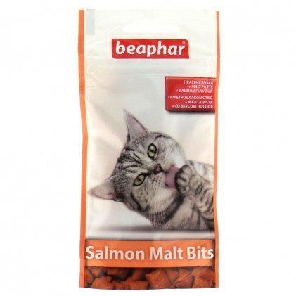 Beaphar Salmon Malt Bits – подушечки з лососем та мальт-пастою для котів для виведення шерсті 