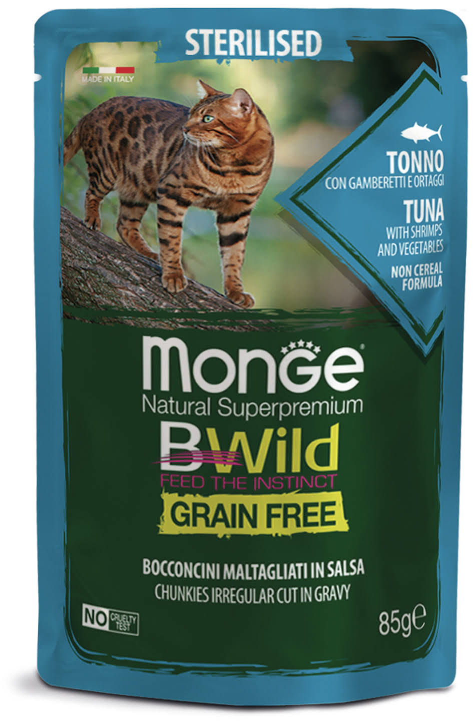 MONGE BWILD STERILISED CAT GRAIN FREE TONNO – консервированный корм с тунцом и овощами для стерилизованных кошек 