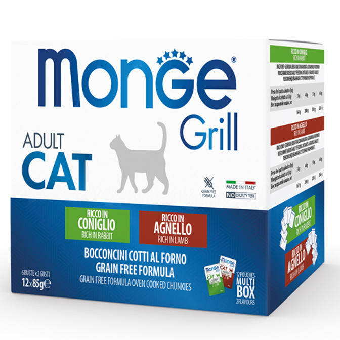 MONGE CAT GRILL MIX кролик/ягненок - набор консерв для котов, 12 шт × 85 г                                                  