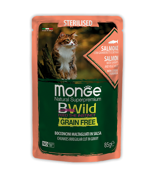 MONGE BWILD GRAIN FREE  BOCCONCINI SALMONE – консервированный корм с лососем, креветками и овощами для взрослых кошек