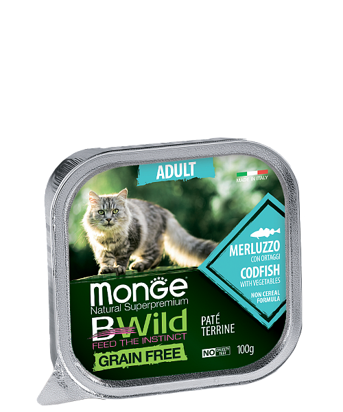 MONGE BWILD ADULT CAT FREE PATÉ TERRINE MERLUZZO – паштет з тріскою й овочами для дорослих котів