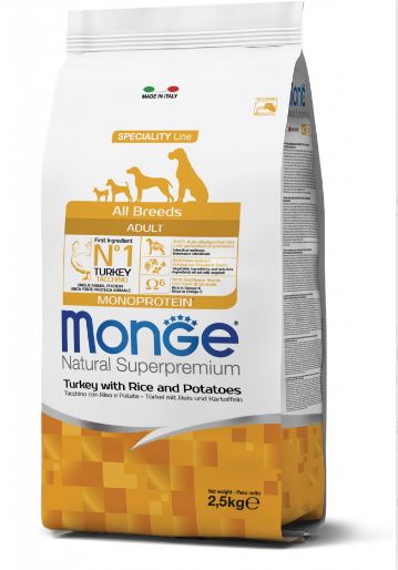 MONGE ALL BREEDS ADULT TURKEY WITH RICE AND POTATOES – сухий корм з індичкою, рисом та картоплею для дорослих собак усіх порід