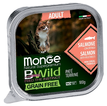 MONGE BWILD ADULT CAT FREE PATÉ TERRINE SALMONE – паштет с лососем и овощами для взрослых кошек