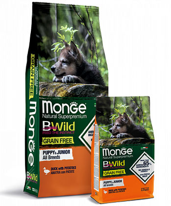 MONGE BWILD  GRAIN FREE ALL BREEDS PUPPY CON ANATRA E PATATE Holistic– сухой беззерновой корм из мяса утки с картофелем для щенков всех пород (холистик) 
