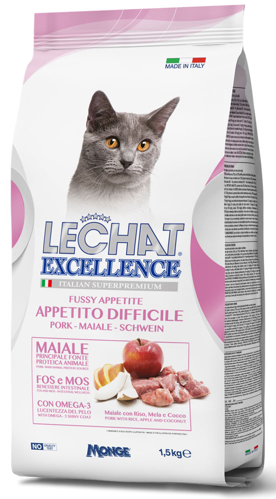 MONGE LECHAT EXCELLENCE CAT ADULT FUSSY APPETITE PORK – сухой корм для взрослых привередливых кошек со свининой