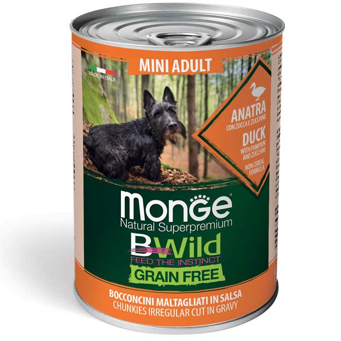 MONGE BWILD GRAIN FREE MINI ADULT DUCK – консервированный корм с уткой, тыквой и цукини для взрослых собак мелких пород