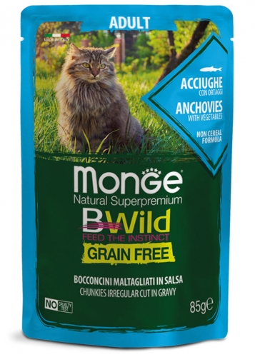 MONGE BWILD ADULT CAT GRAIN FREE ACCIUGHE – консервированный корм с анчоусами и овощами для взрослых кошек
