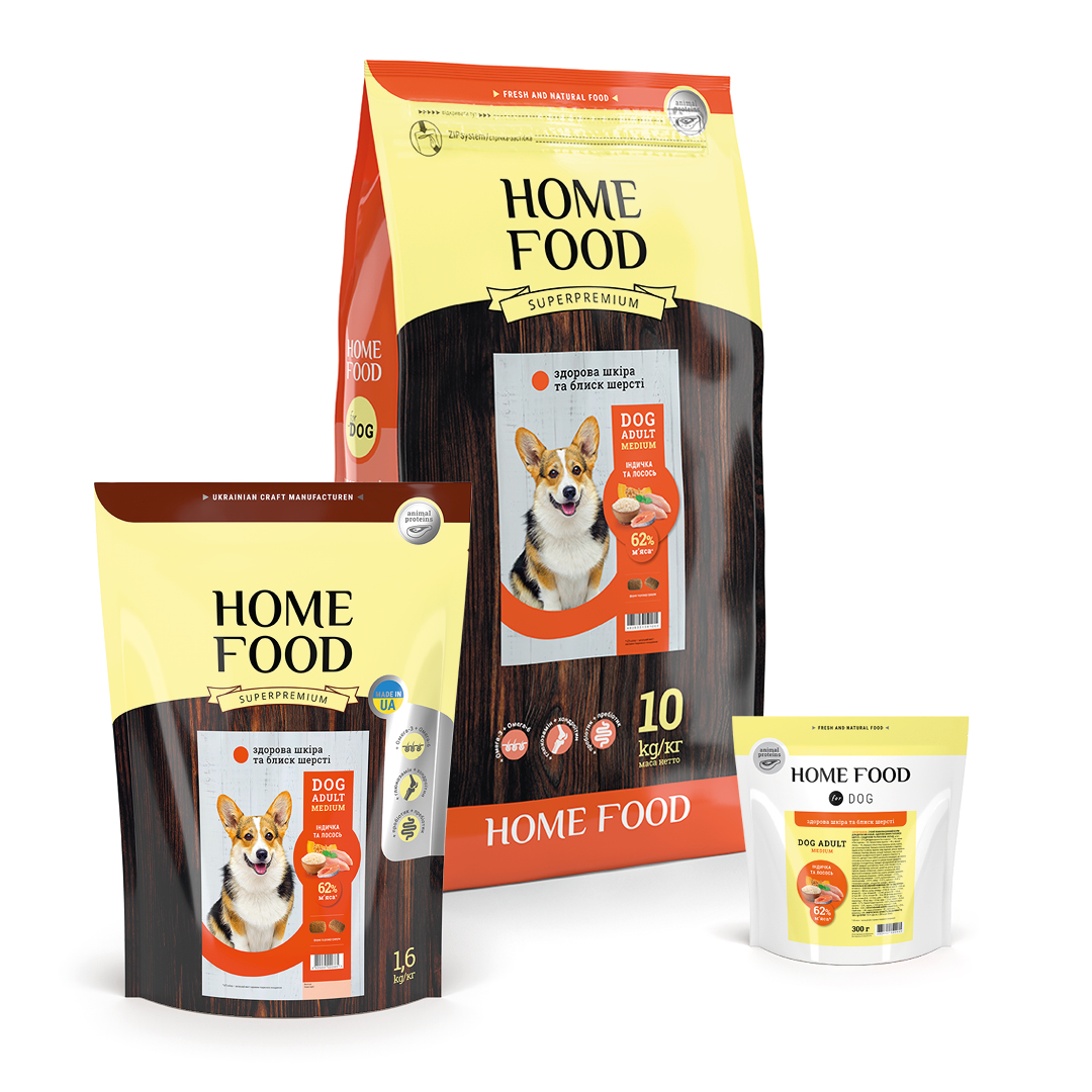 Home Food Adult Medium - Сухой корм Здоровая кожа и блеск шерсти «Индейка и лосось» для взрослых собак средних пород