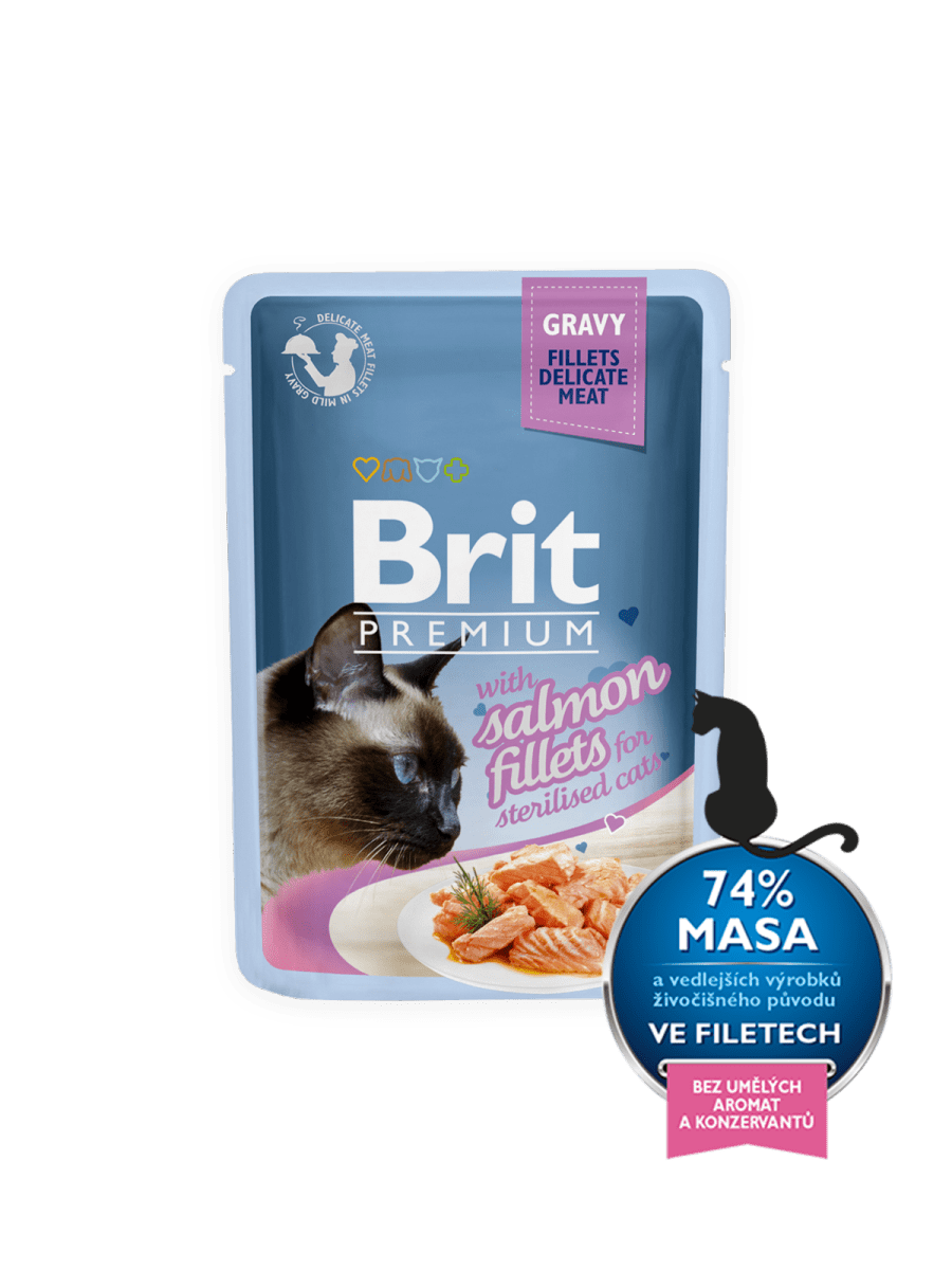 BRIT PREMIUM WITH SALMON FILLETS IN GRAVY FOR STERILISED CATS – вологий корм, шматочки лосося в соусі, для стерилізованих котів
