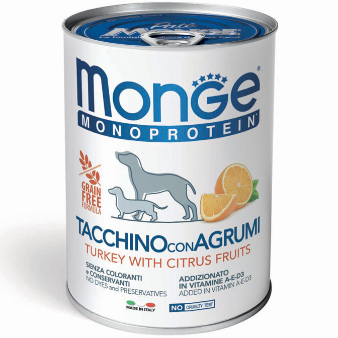 MONGE MONOPROTEIN TURKEY WITH CITRUS FRUITS — паштет с индейкой и цитрусовыми для собак