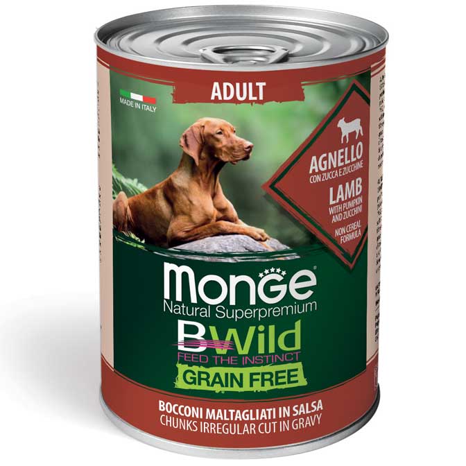 MONGE BWILD GRAIN FREE ALL BREEDS ADULT LAMB – консервированный корм с ягненком, тыквой и цукини для взрослых собак