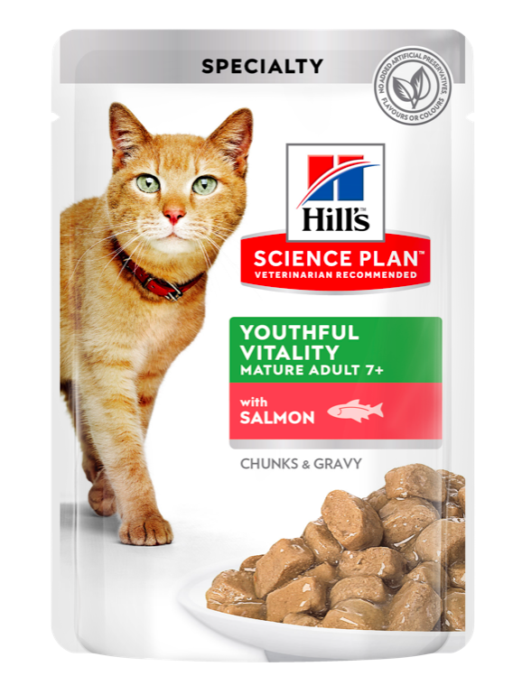 Набор влажного корма для котов Hill's Science Plan Mature Adult 7+ Senior Vitality, с курицей(6 шт) и лососем(6 шт), 12×85 грм