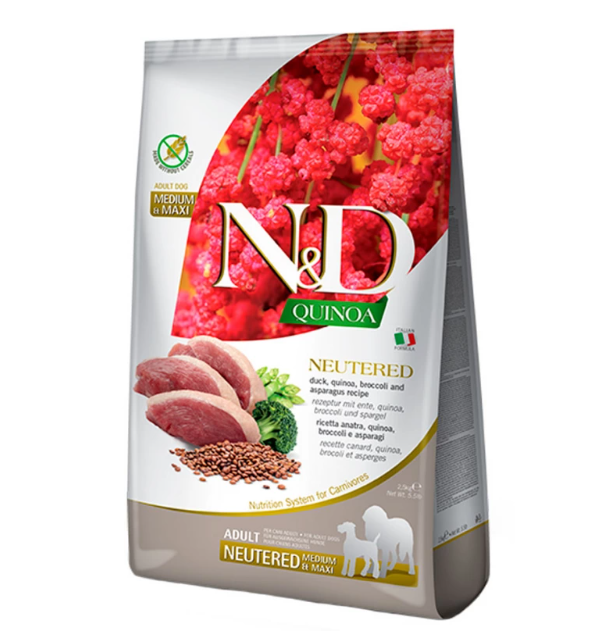 Farmina N&D Quinoa Duck,Brocooli&Asparagus Neutered MEDIUM & MAXI - сухой корм для взрослых стерилизованных собак средних и крупных пород с уткой, киноа, брокколи и спаржей