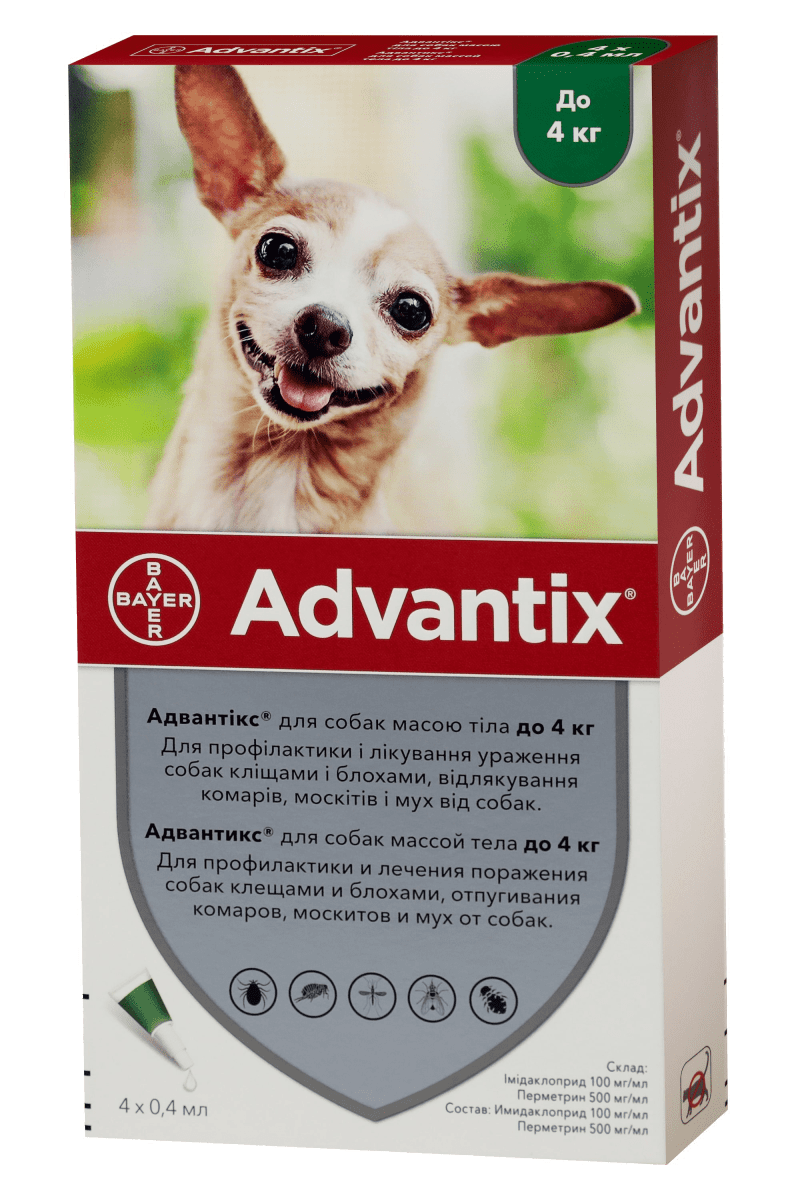 Advantix капли от блох и клещей для собак весом до 4 кг