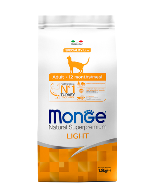 MONGE ADULT LIGHT TURKEY – сухой низкокалорийный корм для кошек с индейкой