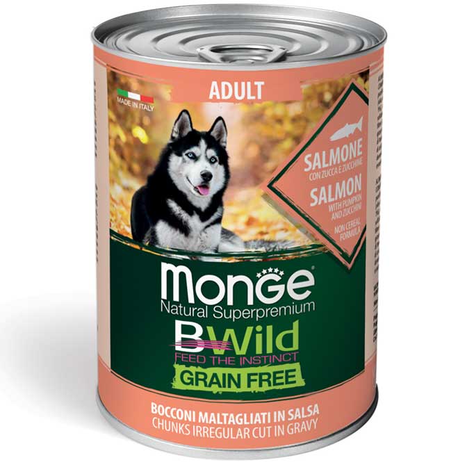 MONGE  BWILD GRAIN FREE ALL BREEDS ADULT SALMONE – консервированный корм с лососем, тыквой и цукини для взрослых собак