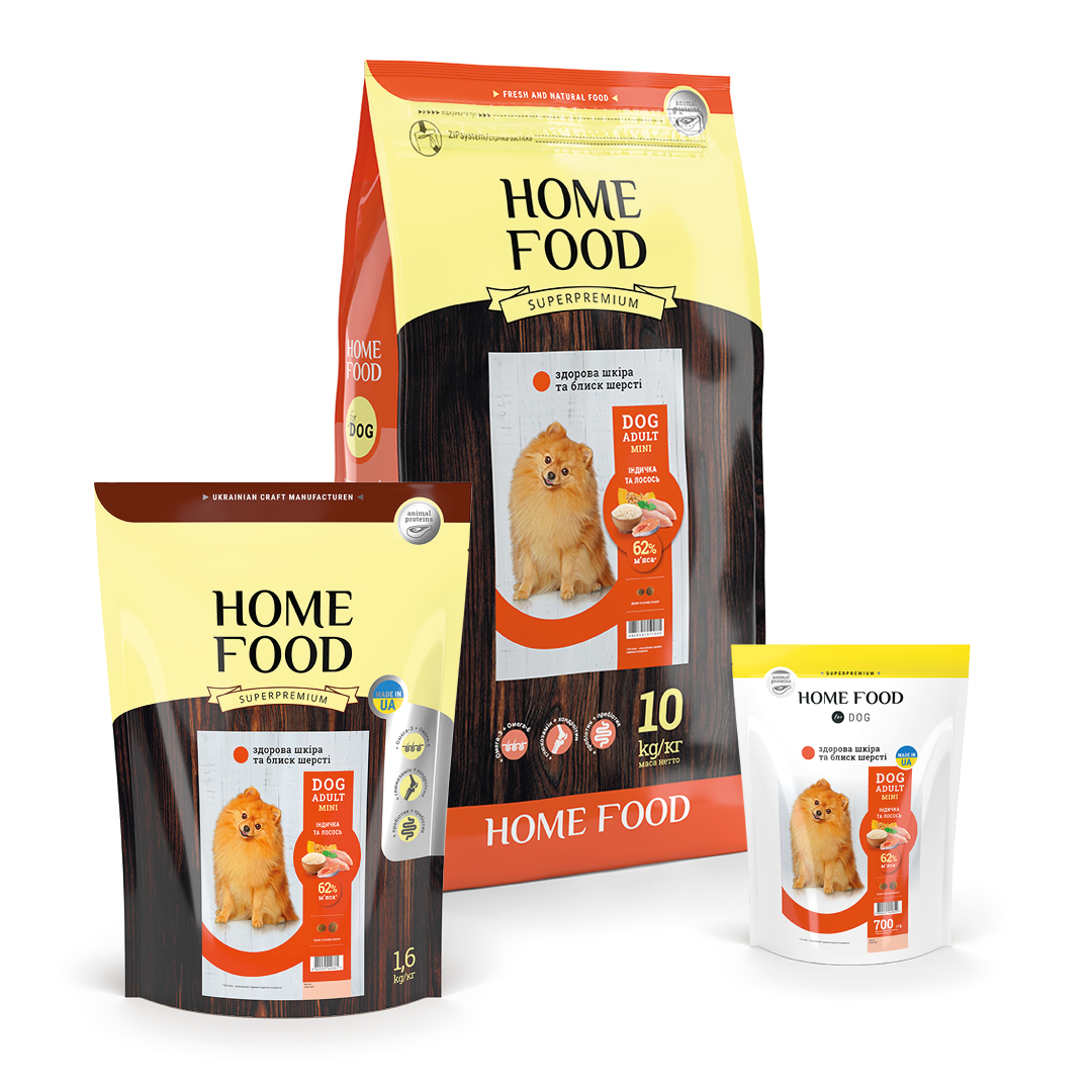 Home Food Adult Mini - Сухой корм Здоровая кожа и блеск шерсти «Индейка и лосось» для взрослых собак мелких пород