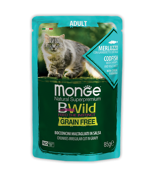 MONGE BWILD GRAIN FREE BOCCONCINI MERLUZZO – консервований корм з тріскою, креветками та овочами для дорослих котів