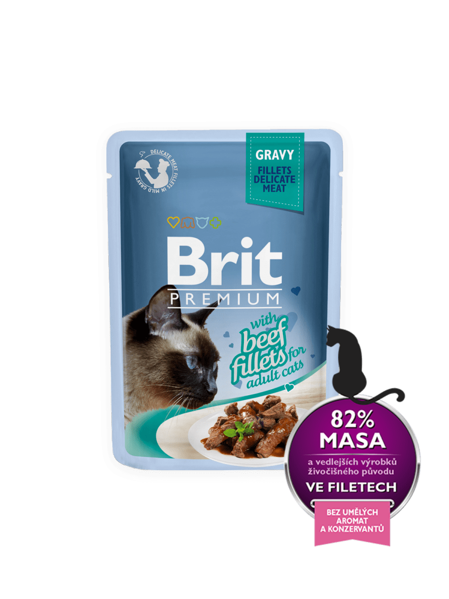 BRIT PREMIUM WITH BEEF FILLETS IN GRAVY – влажный корм, кусочки говядины в соусе, для взрослых котов