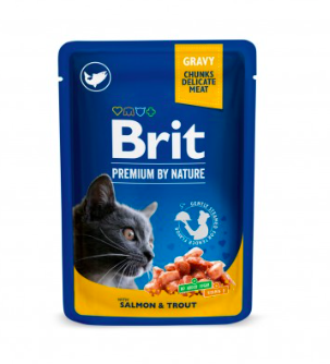 BRIT PREMIUM POUCHES WITH SALMON & TROUT – вологий корм  із лососем і фореллю для дорослих котів