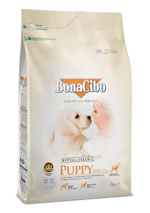 BONACIBO Hypoallergenic Puppy Chicken&Rice with Anchovy– сухий гіпоалергенний корм з м'ясом курки, анчоусами та рисом для цуценят усіх порід