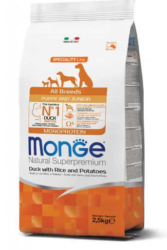 MONGE ALL BREEDS PUPPY & JUNIOR DUCK, RICE & POTATOES – сухой корм с уткой, рисом и картофелем для щенков всех пород