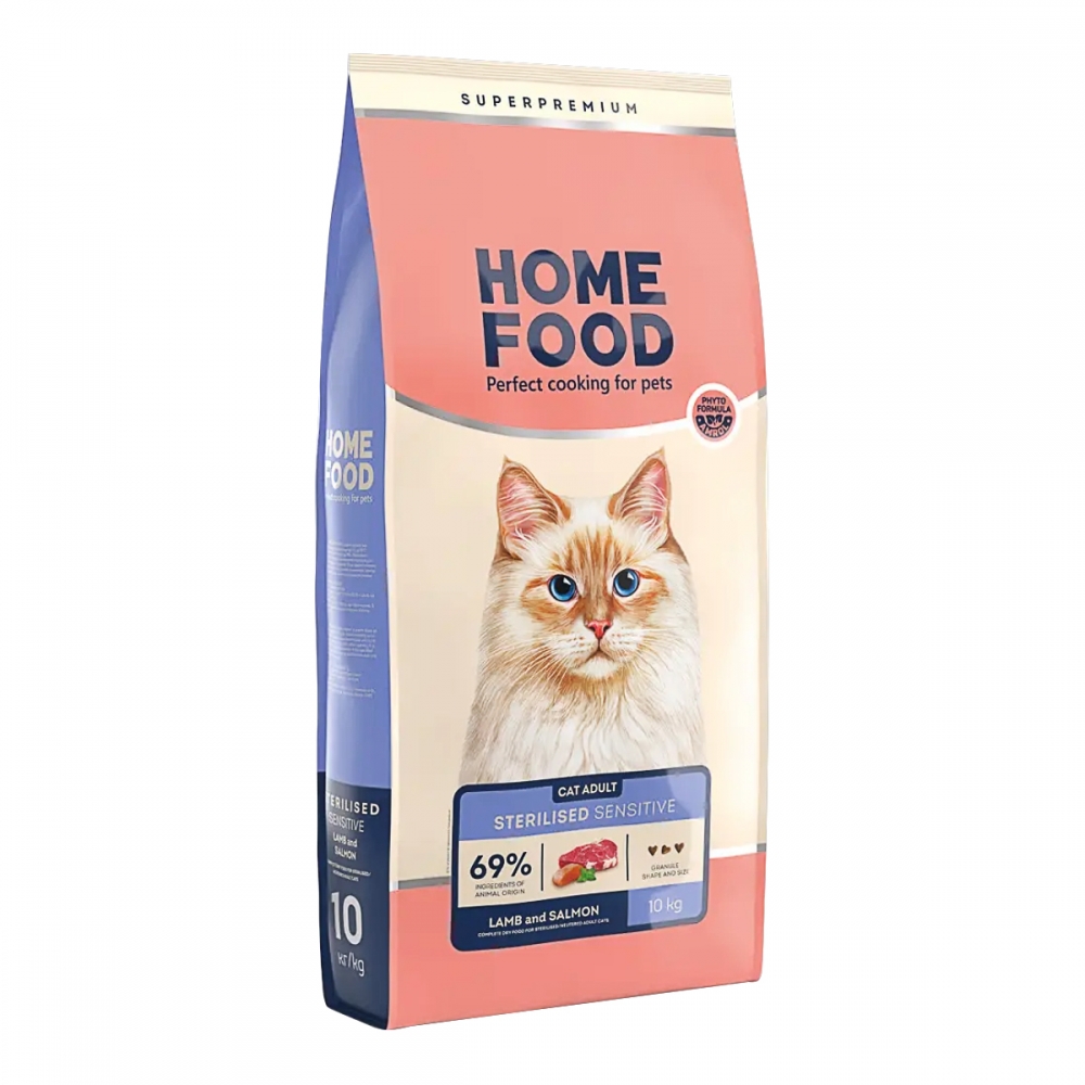 Home Food с ягненком, лососем  – сухой корм для взрослых котов с чувствительным пищеварением