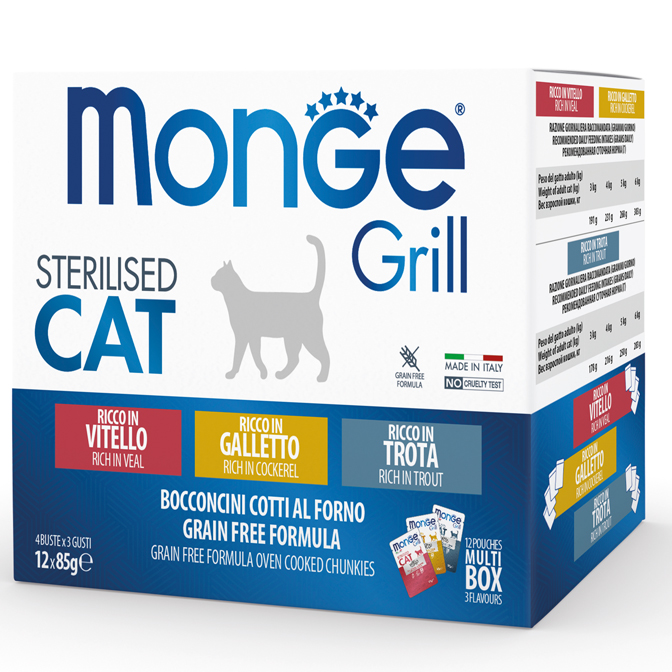MONGE CAT GRILL MIX STERILISED телятина/петушок/форель - набор консерв для котов, 12 шт × 85 г                                                  