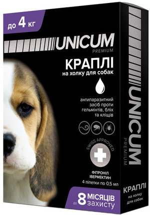 Unicum premium + Краплі від бліх, кліщів і гельмінтів на холку для собак, 0 4 кг (фіпроніл івермектин)
