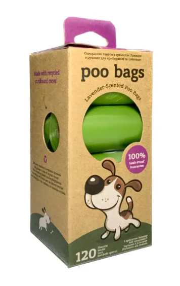 Poo Bags – одноразовые пакетики с запахом лаванды для уборки экскрементов, 8 рулонов