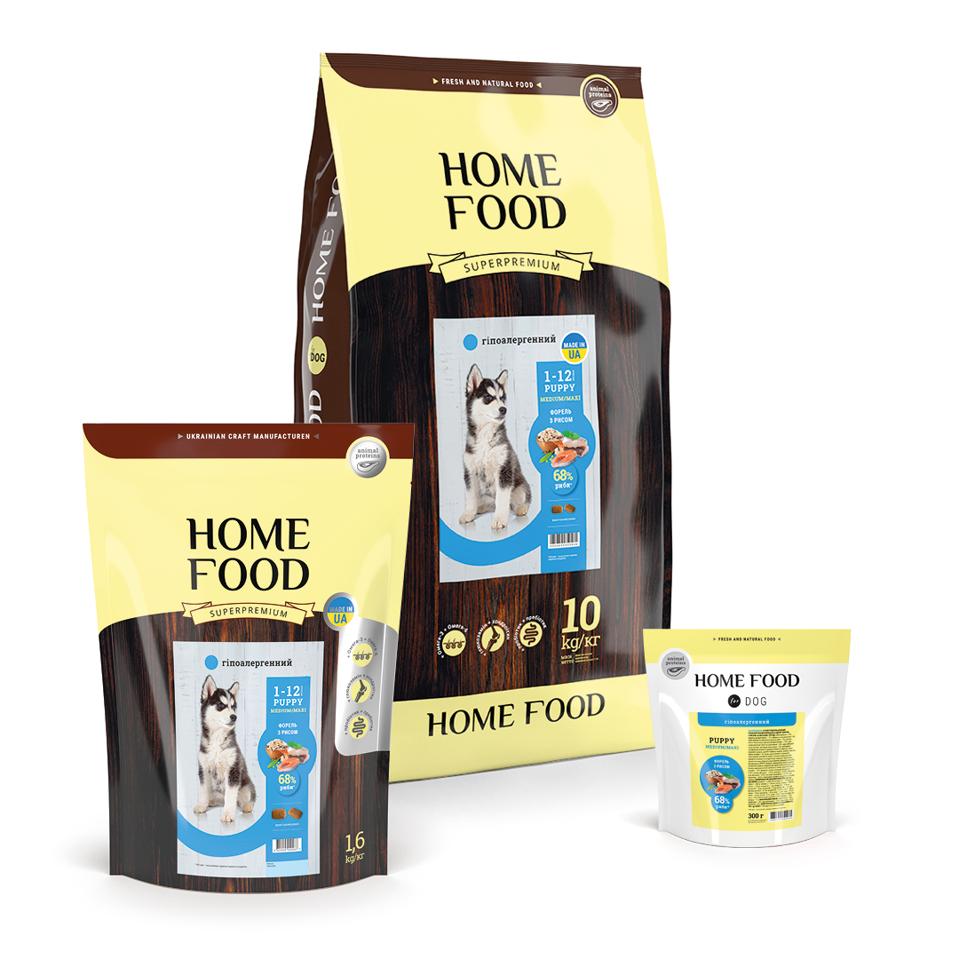Home Food Puppy Medium/Maxi - Гипоаллергенный сухой корм «Форель с рисом» для щенков собак средних и крупных пород