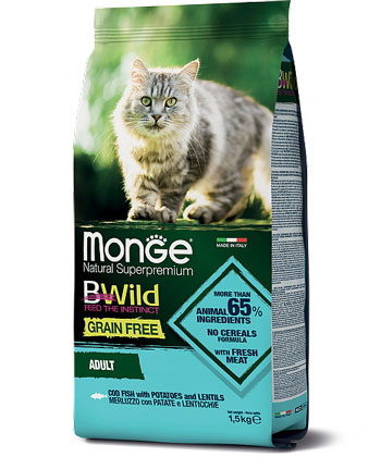 MONGE BWILD CAT GRAIN FREE MERLUZZO CON PATATE E LENTICCHIE – сухой беззерновой корм с треской, картофелем и чечевицой для взрослых кошек