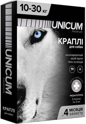 Краплі Unicum premium від бліх і кліщів на холку для собак масою 10-30 кг (імідаклоприд)