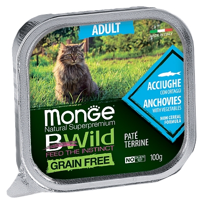 MONGE BWILD ADULT CAT FREE PATÉ TERRINE ACCIUGHE – паштет с анчоусами и овощами для взрослых кошек