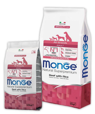MONGE ALL BREEDS ADULT BEEF & RICE – сухой корм с говядиной и рисом для взрослых собак всех пород