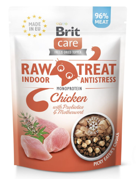Brit Raw Treat Indoor & Antistress Freeze-dried - сублимированные лакомства с курицей, пробиотиками и пустырником для кошек, живущих в помещении