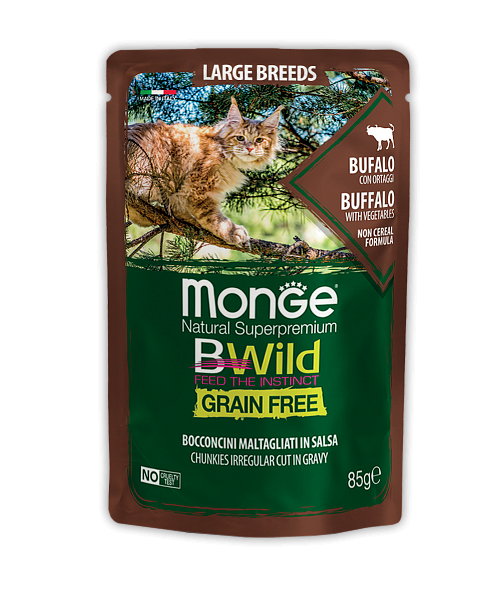 MONGE BWILD LARGE BREED GRAIN FREE BOCCONCINI BUFALO – консервированный корм с мясом буйвола и овощами для кошек крупных пород от 2 месяцев