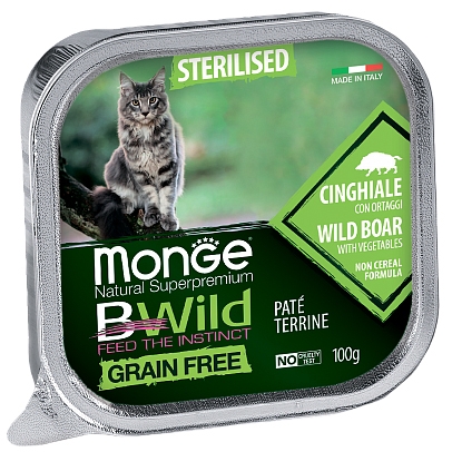 MONGE BWILD STERRILISED CAT FREE PATÉ TERRINE CINGHIALE – паштет з м'ясом кабана й овочами для стерилізованих котів