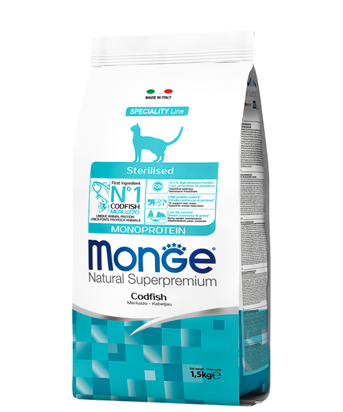 MONGE STERILISED MONOPROTEIN CODFISH – сухий корм з тріскою для стерилізованих кішок