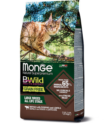 MONGE BWILD CAT GRAIN FREE BUFFALO – сухой беззерновой корм с мясом буйвола для кошек крупных пород
