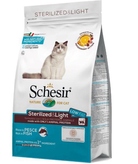 Schesir Cat Sterilised & Light Fish— сухой монопротеиновый корм для стерилизованных кошек и кастрированных котов, для кошек склонных к полноте