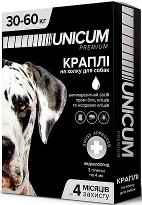 Unicum premium краплі від бліх і кліщів на холку для собак вагою від 30 до 60 кг (імідаклоприд)