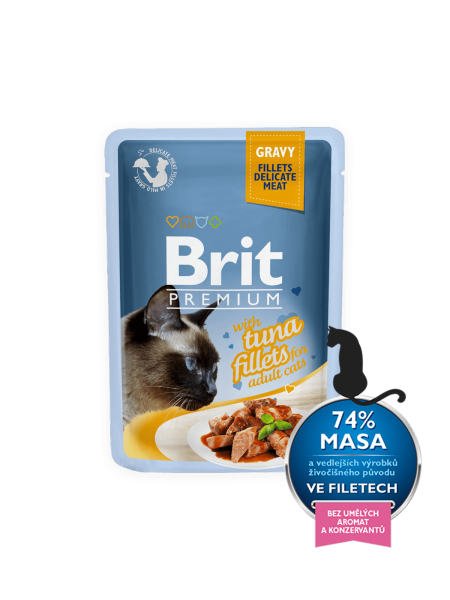 BRIT PREMIUM WITH TUNA FILLETS IN GRAVY – влажный корм, кусочки тунца в соусе, для взрослых котов