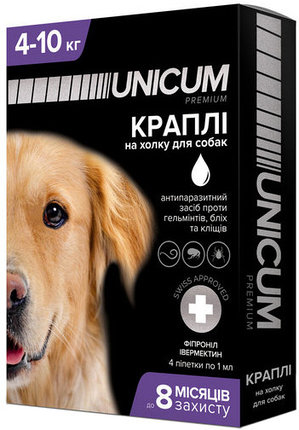Unicum premium + капли от блох, клещей и гельминтов для собак весом от 4 кг до 10 кг (фипронил ивермектин)