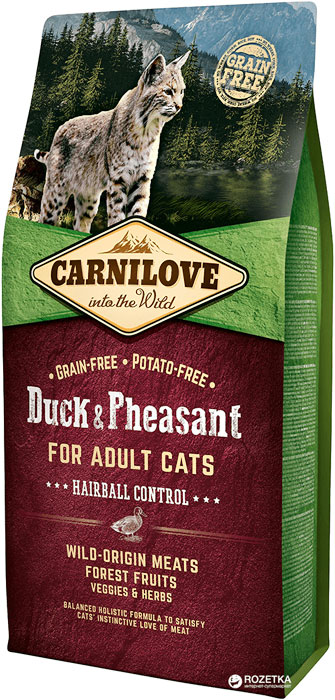 Carnilove Cat Duck & Pheasant Hairball Control – беззерновой сухий корм для дорослих котів з качкою і фазаном для виведення грудочок шерсті