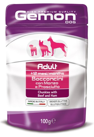 GEMON ADULT CHUNKS WITH BEEF AND HAM – влажный корм с говядиной и ветчиной для взрослых собак